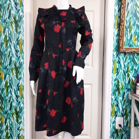 Weekend Black Floral Whimsy Goth Floral Twee Long Sleeve Dress S With Ruffle - Picture 13 of 13